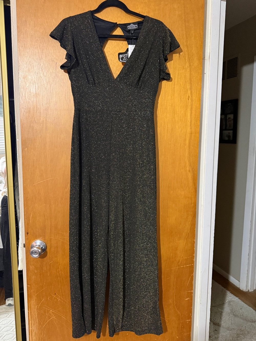 Angie Black Metallic Sparkle V-Neck Wide-Leg Jumpsuit